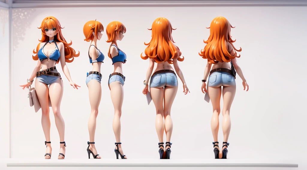 ((Best Quality)), ((Masterpiece)), (((detailed character sheet, frontal view, side view, three quarter view))) white background、one piece、whole body、whole bodyイラスト、whole bodyアニメーション、whole bodyリファレンスシート、denim、Tank top、High heels、Swimwear、bikini、original、New World、Long Hair、Orange Hair、Tattoo on left arm、Ring belt、Heighten your head、smile、Cute face、Narrow waist、Long legs、Beautiful feet、9 heads body、beautiful lady