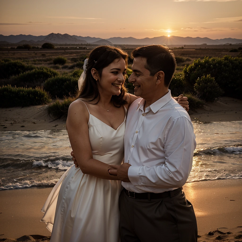 Draw a happy married couple celebrating their 50th wedding anniversary against the backdrop of a beautiful sunset