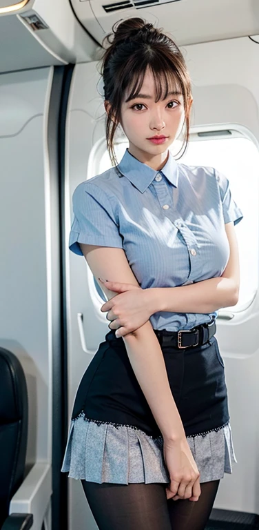 masterpiece, One beautiful girl, Detailed eyes, Swollen eyes, Highest quality, 超High resolution, (reality: 1.4), Original photo, One girl, Cinema Lighting, Japanese, Asian Beauty, Korean, Very very beautiful, Beautiful skins, thin, Front facing body, (超reality的な), (High resolution), (8k yen), (Very detailed), (Best illustrations), (Beautiful and detailed eyes), (Ultra-detailed), Detailed face, Looking at the audience, Look straight ahead, Neat Clothing, No sleeve、Put your hair up、Black-haired、Large Breasts、46 point diagonal bangs、White background、Clean room、(Stewardess uniform、In-flight、pantyhose、Laughter、Breasts are breaded、The blouse fits perfectly、Breast pressure