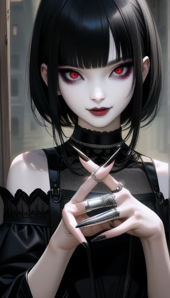 A very cute goth anime girl with black hair and bangs, wearing rings on her fingers, pale skin, sharp eyes, dark makeup, she has long acrylic nails that have been painted silver, intricate rings on fingers, wearing an all-black outfit, She exudes sophistication and cool. in the style of hyper realistic. fasion style, mysterious smile, --ar 3:4 --niji 6 --style raw --s 1000