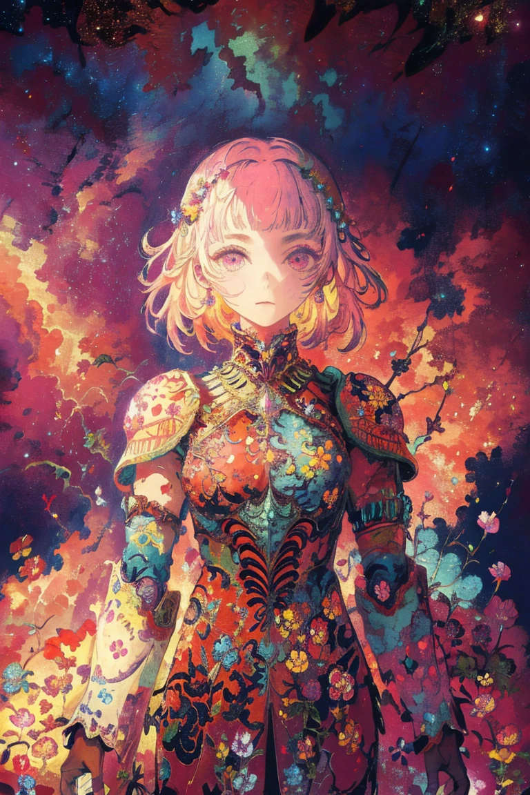 woman, flower dress, colorful, epic background,flower armor, multicolor theme, millions of colors theme, psychedelic style, camouflage pattern:0.5, cosmic view background:0.8, outer space background:0.8