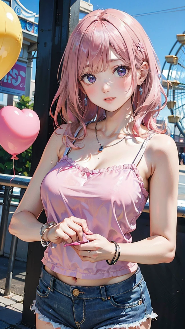 (Masterpiece, BestQuality:1.3), (ultra detailed:1.2), (hyperrealistic:1.3), (RAW photo:1.2), High detail RAW color photo, professional photograph, (Photorealistic:1.4), (realistic:1.4), (Pink Hair:1.5), professional lighting, perfect anatomy, (Big Breasts:1.2), (blush, detailed face), (cheerful Smile:1.5), Trending Hair&Trending Hairカラーをランダムに, earrings, necklace, bracelet, sexly, erotic sexly, Random sexy gravure poses, (An innocent beauty in a lavender camisole and denim shorts、Smiling happily while holding balloons at an amusement park、Silver bracelet、Posing in front of the Ferris wheel。:1.3)