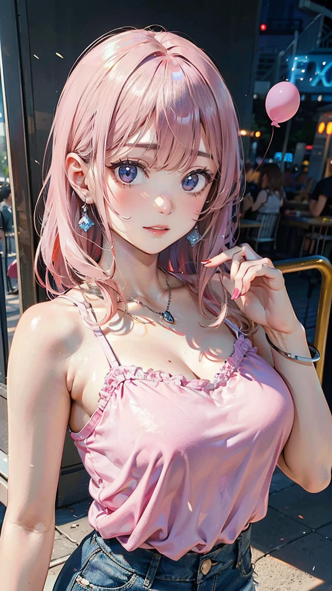 (Masterpiece, BestQuality:1.3), (ultra detailed:1.2), (hyperrealistic:1.3), (RAW photo:1.2), High detail RAW color photo, professional photograph, (Photorealistic:1.4), (realistic:1.4), (Pink Hair:1.5), professional lighting, perfect anatomy, (Big Breasts:1.2), (blush, detailed face), (cheerful Smile:1.5), Trending Hair&Trending Hairカラーをランダムに, earrings, necklace, bracelet, sexly, erotic sexly, Random sexy gravure poses, (An innocent beauty in a lavender camisole and denim shorts、Smiling happily while holding balloons at an amusement park、Silver bracelet、Posing in front of the Ferris wheel。:1.3)