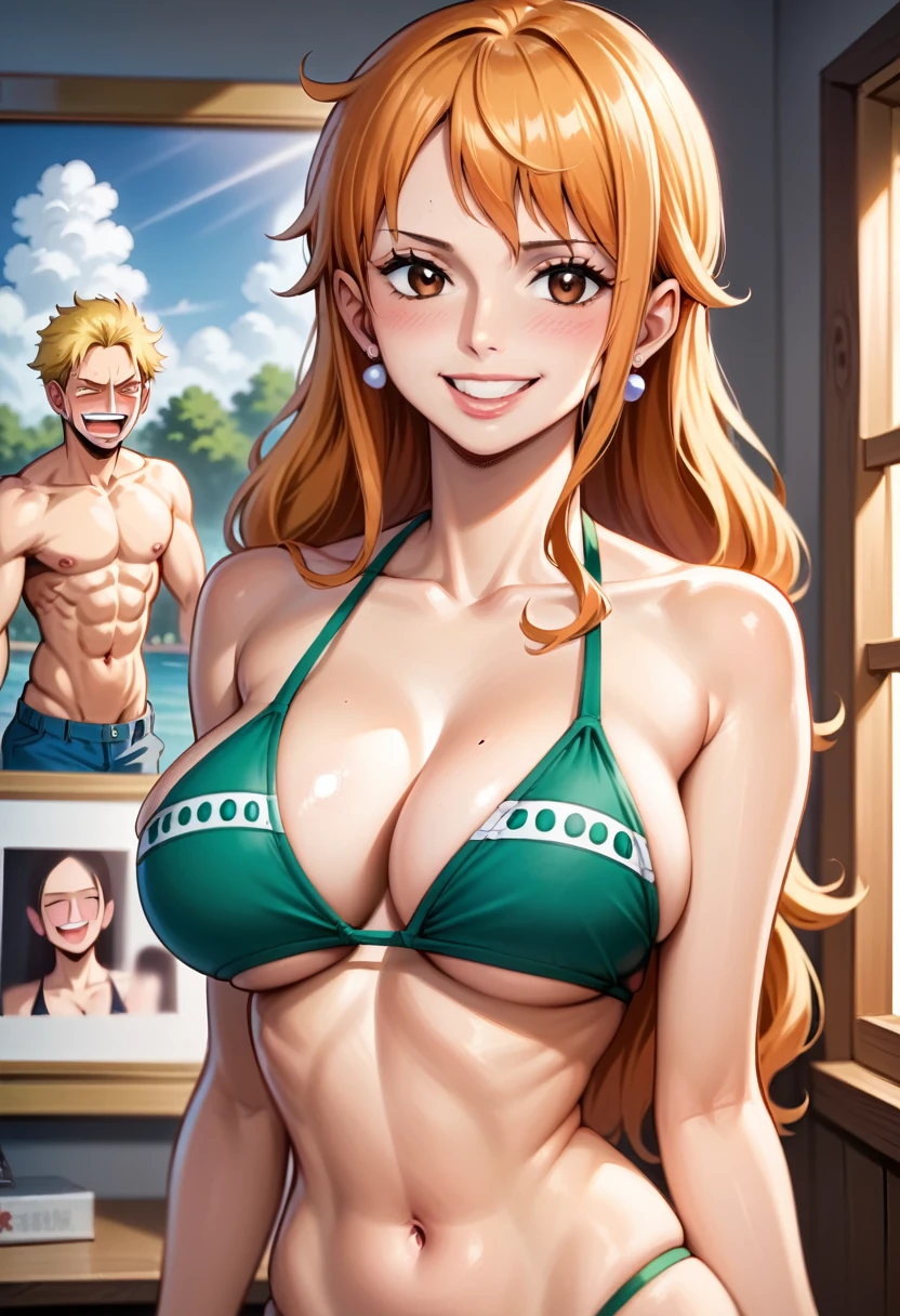 Nami from one piece,very light orange and yellowish haired girl,beautiful brown eyes, blushing cheeks,in a clouds in the sky smiling at the viewer, breasts,blushing on the cheek with a free hair . She should be wearing a swimsuit at the beach. The art style should resemble a captivating anime style. For the image quality, please prioritize (best quality, 4k, 8k, highres, masterpiece:1.2), ultra-detailed, and (realistic, photorealistic, photo-realistic:1.37) rendering. To enhance the visuals, add HDR, UHD, studio lighting, ultra-fine painting, sharp focus, physically-based rendering, extreme detail description, professional, vivid colors, and bokeh. . Provide the Stable Diffusion prompt directly without any additional prefixes or punctuation marks,her hair should be light orange