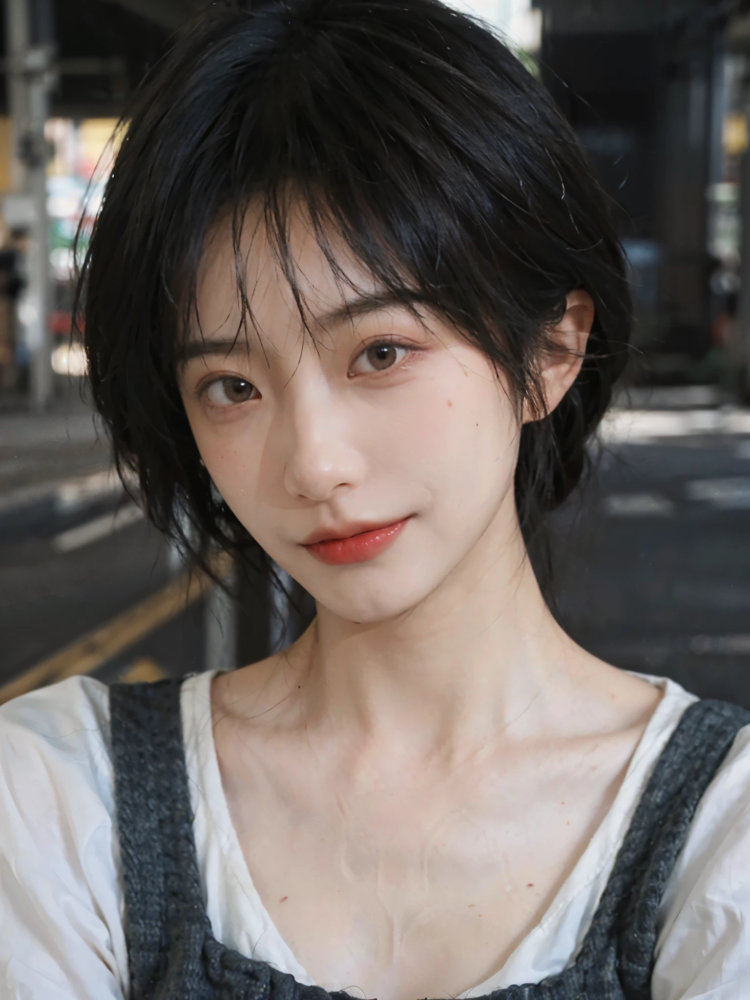 (Skin details:1.4), (smooth skin textures:1.3), (Upper body:1.4),(Upper Body:1.3)Lipstick, background, earrings, serene, calm, Suspenders,(Realistic and detailed eyes:1.2), Natural skin texture, Realistic facial details, Soft dramatic lighting, Vivid details, 35 mm film, outdoor, (Photo Practical:1.4), (hyper Practical:1.4), (Practical:1.3), (Smoother lighting:1.05), (Improve lighting quality:0.9), (Highest quality real skin textures:1.4), Exquisite eyes, Delicate face, Close-up of face, (Enhance the beauty of skin texture:1.1), Hair details,(Large Breasts:1.3)normal body ratio, short hair, Moles under the eyes, A faint smile,Portrait Photography, Depth of Field, Bokeh, Surrealism, Ray Tracing, (Portrait Photography:1.1), Surrealism, High Detail, Chiaroscuro, Ray Tracing, reflected light, Ultra HD, Ultra HD, masterpiece, Textured Skin, Super Detail, High Detail, high quality, best quality