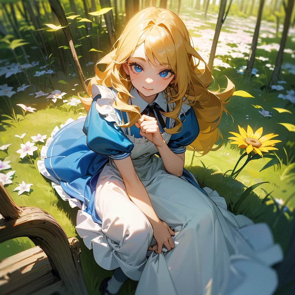 master piece, ultra detailed, hyper realistic, lifelike photograph, yellow hair, silky hair, wavy hair, blue eyes, double eyelids, long eyelashes, pale skin, Girl sitting on a stump playing classical guitar, Alice in wonderland dress, blue dress with white apron, peter pan collar, puff sleeves, knee-length skirt, white stockings, black Mary jane shoes, big smile, flower field, a forest with sunlight filtering through the trees, creating a spotlight like effect of dappled light, detailed lighting, intricate shadows, warm tones, looking away from the camera, from above, medium shot, looking up, 