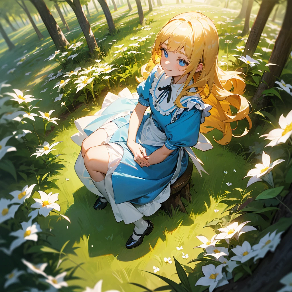 master piece, ultra detailed, hyper realistic, lifelike photograph, yellow hair, silky hair, wavy hair, blue eyes, double eyelids, long eyelashes, pale skin, Girl sitting on a stump playing classical guitar, Alice in wonderland dress, blue dress with white apron, peter pan collar, puff sleeves, knee-length skirt, white stockings, black Mary jane shoes, big smile, flower field, a forest with sunlight filtering through the trees, creating a spotlight like effect of dappled light, detailed lighting, intricate shadows, warm tones, looking away from the camera, from above, medium shot, looking up,