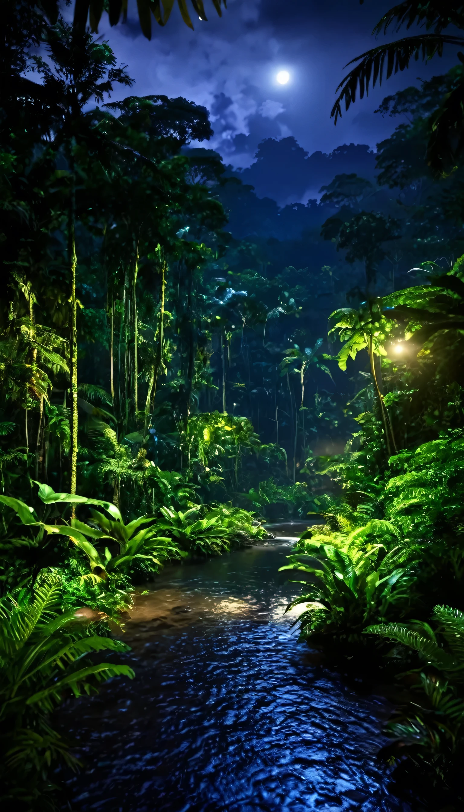nature, Ultra realistic , night time , lush tropical rainforests , water stream,