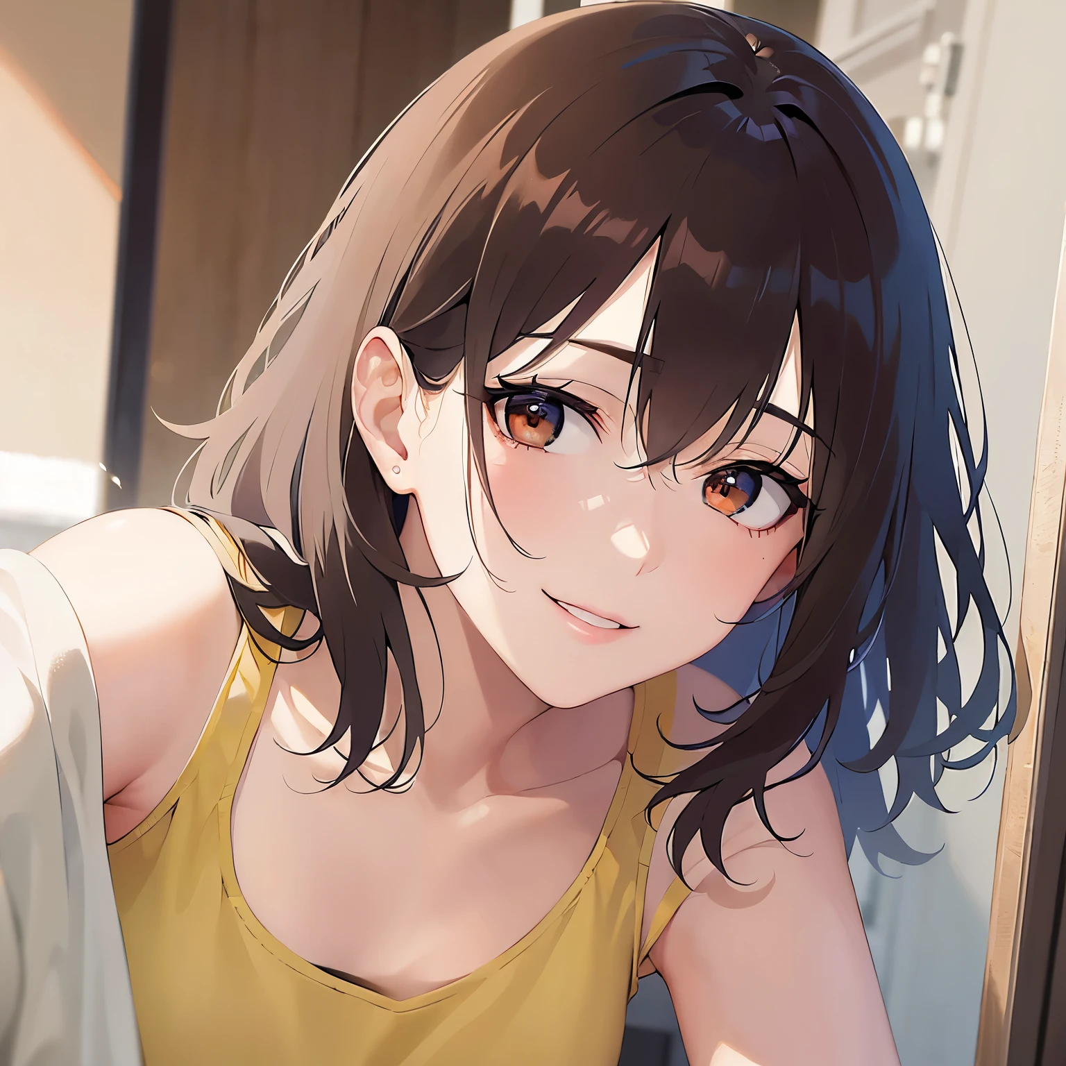 (looking to the side:1.5),upper body、Shooting from the front、upper body,Realistic, real person, (pale skin: 1.2), RAW photo, photorealistic, shiny skin, shiny hair、 (A 25-year-old woman with medium-length hair and bangs) and (wavy hair) and (brown hair) and (Orange Eyes), smile、The background is the washroom,(yellow tank top)、opening the door