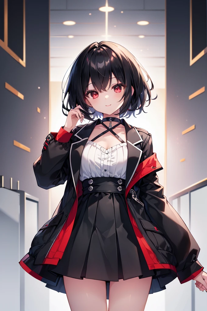 (masterpiece, highest quality, highest quality, (No text), Beautiful and aesthetic:1.2),No text,アニメ、BREAK,One Girl,Black Hair Girl short hair older sister choker Tree Eyes Beautiful eyes Red eyes cool smile Red and Black Black jacket mini skirt whole body In town