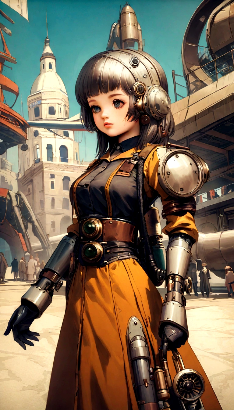 beautiful girl Integration with machines Retro-future Oblique side view From the waist up Showa Antique Machine Dieselpunk 60s wind Expo
