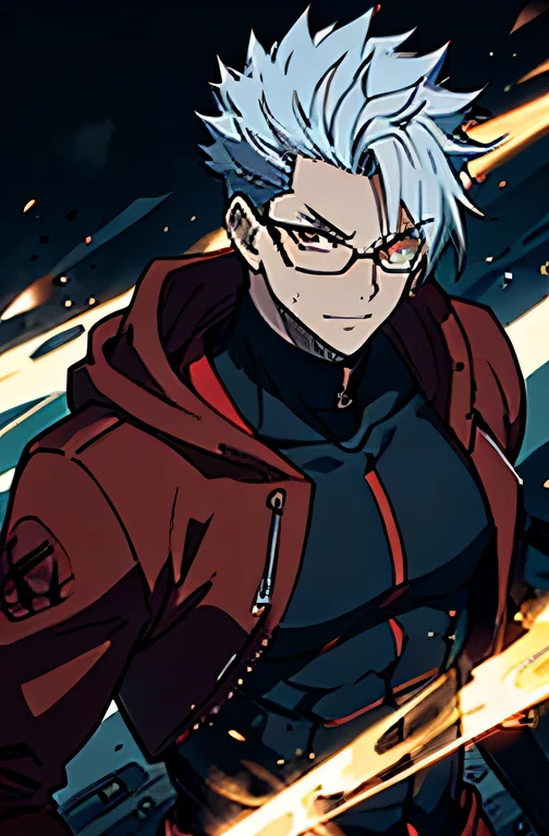 16K, High resolution, RTTX 10.0, Ray Tracing, Top quality masterpiece, Awards, Talked about at the art station, very beautiful, Perfect anatomy and highly detailed face, Glowing Eyes, Fine grain, Accurate drawing, Beautiful Hair, Detailed Background, Edgy, One person, Man in his late 20s, Well-groomed Mafia, Red hoodie and black pants, Warm, loose-fitting clothing, Rough youth fashion, A mercenary with two swords at his waist, A dual-wielding swordsman with his swords sheathed, Dystopian criminals, Yakuza with a scar on his face, Dark malicious smile, Squint your eyes and laugh, Tanned dark skin, White to silvery hair, thick black rimmed glasses, Cynical smile, Sarcastic mood, A gangster with a scar on his nose, A violent criminal with a horizontal scar across his face, Injured Villain, A horrific massacre,  Collapsing Building,
