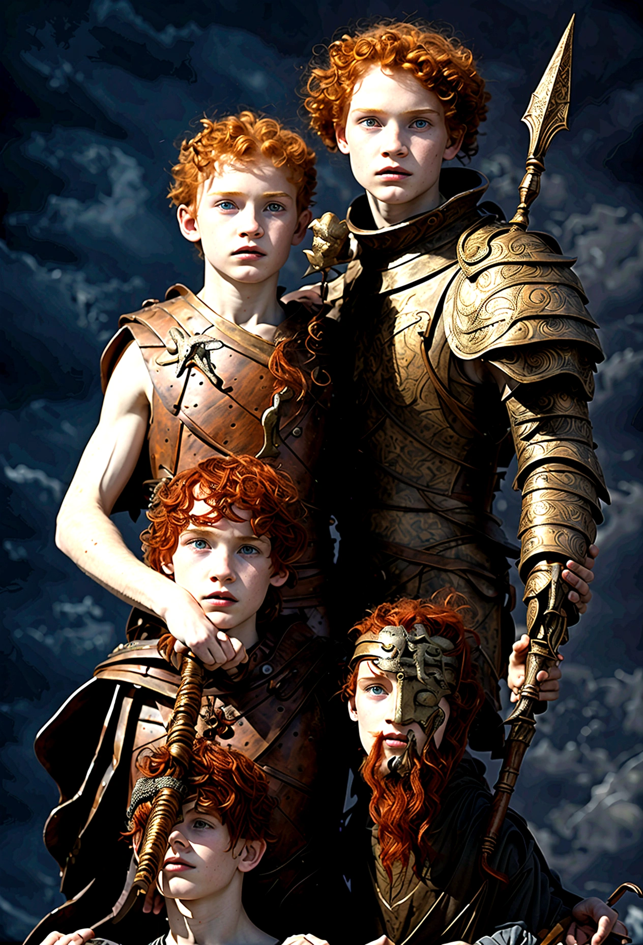 Biblical retelling of 13-year-old red-haired boy David holding the severed head of the giant Goliath( bearded giant), fund (futurist, lights)
