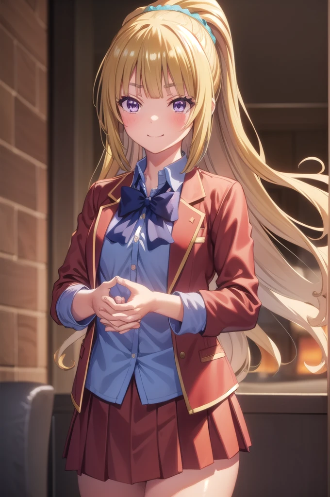 keikaruizawa, kei karuizawa, Long Hair, bangs, blunt bangs, (Purple eyes:1.1), Blonde, shirt, hair ornaments, ponytail, Scrunchie, blue Scrunchie, smile, break skirt, shirt, bow, , Jacket, (red Jacket:1.2), Pleated skirt, bowtie, sweater, (blue bow:1.2), (blue shirt:1.2), break indoors, classroom, break looking at viewer, (Cowboy Shot:1.5), break (masterpiece:1.2), Highest quality, High resolution, unity 8k wallpaper, (figure:0.8), (Beautiful attention to detail:1.6), Highly detailed face, Perfect lighting, Highly detailed CG, (Perfect hands, Perfect Anatomy), , (3D Face:1.1), (Shiny skin:1.5), (超High resolution intricate face details), (Facial skin pores:1.3), 超High resolution cloth texture, 大きなsmile、Blushing、Open your mouth