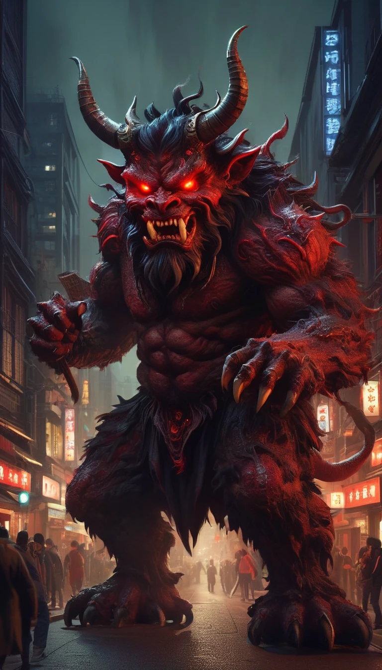 "prompt": "A terrifying oni demon appearing in the middle of a crowded city street at night. The oni has sharp horns, glowing red eyes, and a menacing expression. The scene has a dark, gritty, and unsettling horror vibe, with the demon looming over onlookers in a realistic urban environment.",
"n": 1,
"size": "900x1600"