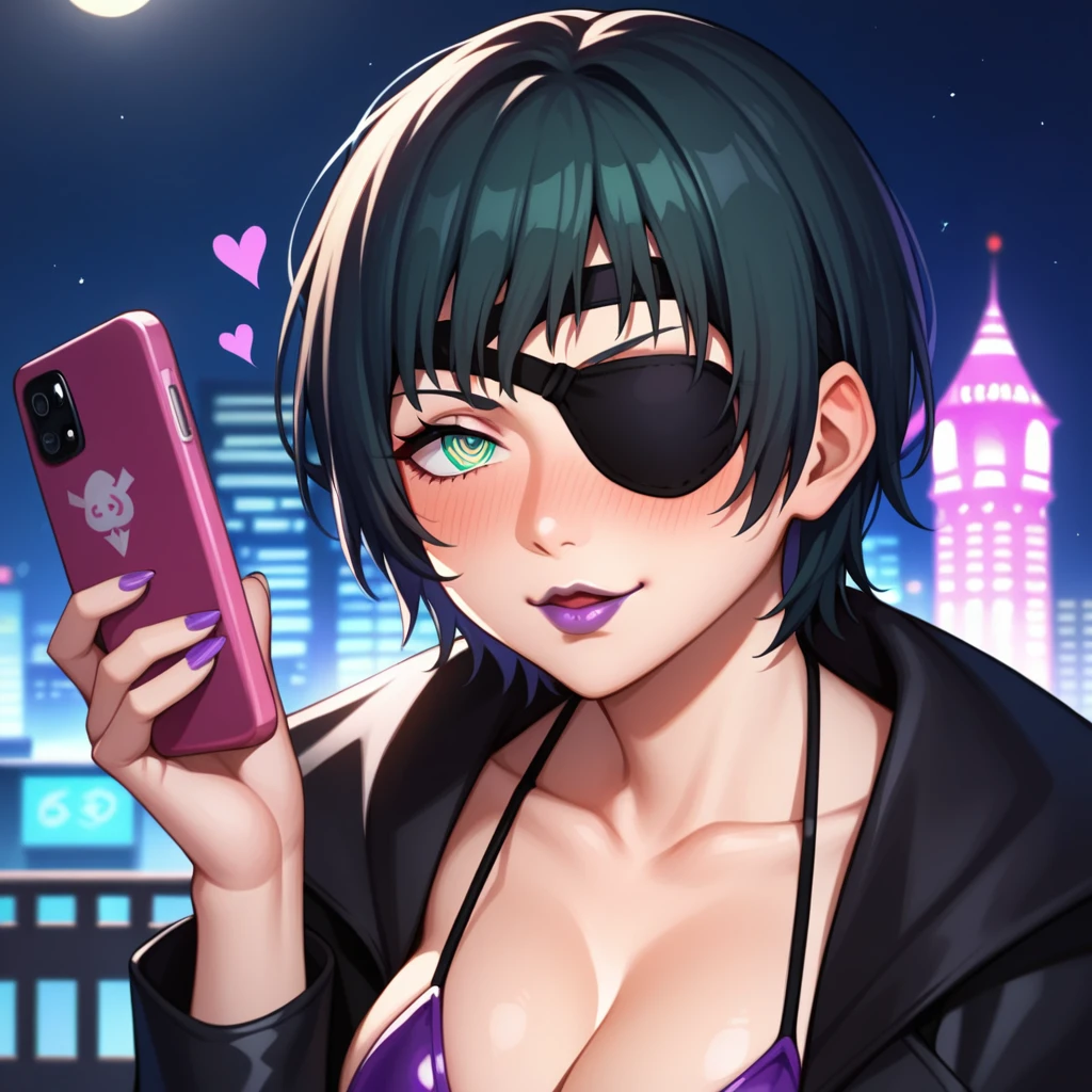 mature female, mature, Adult, himeno, himeno(Chainsaw Man), 1girl, black hair, short hair, eyepatch, solo, blush, octopus, octopus symbol, seductive smile, grin, remote controller, Villains, chest, View your audience, pink giant octopus robot, pink tentacle robot, Night town, City, skyscraper, Night, Dark, latex purple bikini under the black cape, masterpiece, Top animation quality，Top image quality,