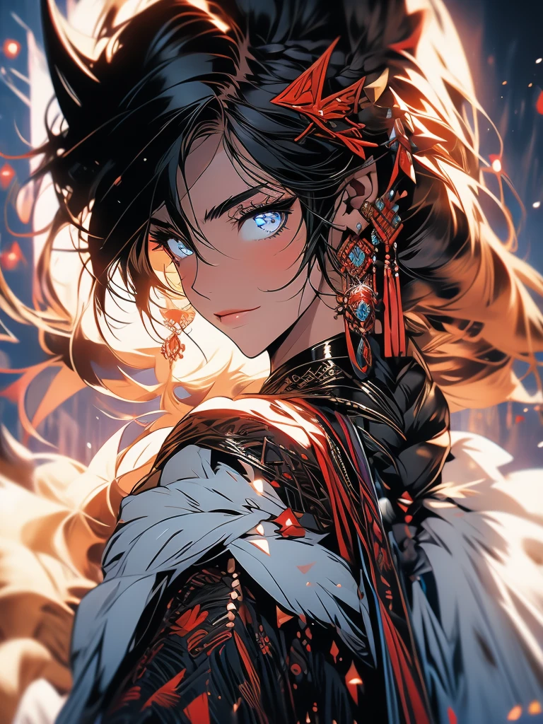female, barbarian, braided black hair, tribal clothing, fur clothes, leather underwear, Demonic Right Arm