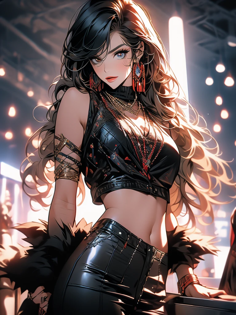 female, barbarian, braided black hair, tribal clothing, fur clothes, leather underwear, Demonic Right Arm