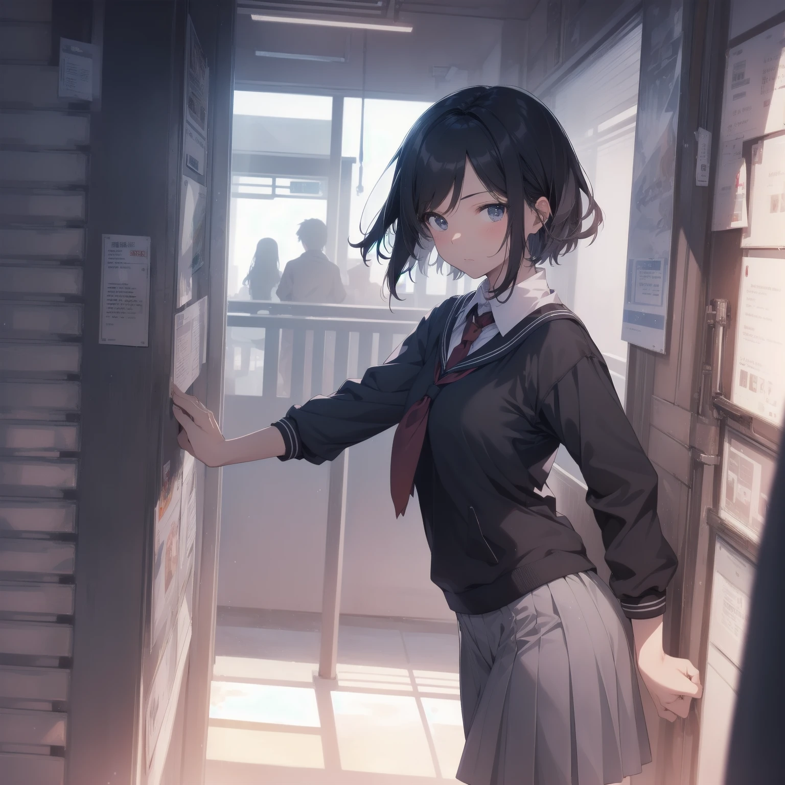 ultra-absurdres-Top quality by artist God, ultra-detailed, high resolution, anime moe artstyle, best anime 8k konachan wallpaper, pixiv contest winner, pool:2810, perfect anatomy,break, 1girl, (Please draw a girl walking sleepily to school alone. )break,(Solo,little female, 13-year-old:1.3),Full limbs, complete fingers,a junior high school student, (very short hair), short cut, flat chest, , small butt, small black eyes, beautiful detailed eyes, well-proportioned iris and pupils, expressive eyes, highres detailed hair, soft expression, salor school_uniform, sailor collar, serahuku, bow, pleated skirt,(Detailed Lighting), (Detailed background), in the School commute route. break,super detailed skin, Best cinematic lighting powered by famous artist, 8k,beauty illustration,photoshop_(medium),very aesthetic,break,((artist:yamamoto_souichirou )), artist:clamp ,artist:carnelian ,artist:kantoku ,