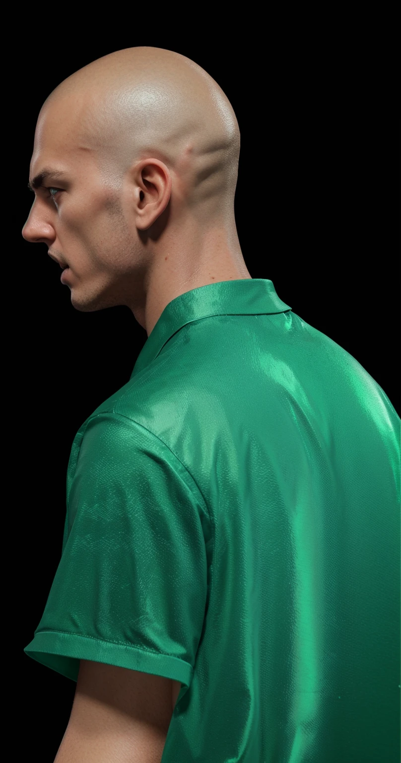 The image shows the back view of angry man with a shaved head, wearing a green collared shirt, smooth 3d model, glossy plastic texture, multiple light sources, rim light, sharp post effects render, most beautiful vfx, , realistic, 4k, high resolution, rim light, smooth 3d model. , glossy texture, smooth 3d model, multiple light sources, rim light, sharp post effects render, (glossy plastic texture with multiple big light probe refractions), perfect cgi, reflective, best quality, 4k, masterpiece:1.2, ultra-detailed, realistic, vivid colors, The image of the highest quality, ensuring every detail showcased perfectly. It in 4k resolution, allowing viewers to immerse themselves in the richness of the colors and intricate details. The realistic rendering. under the spotlight, reflecting, high-resolution image, realistic rendering