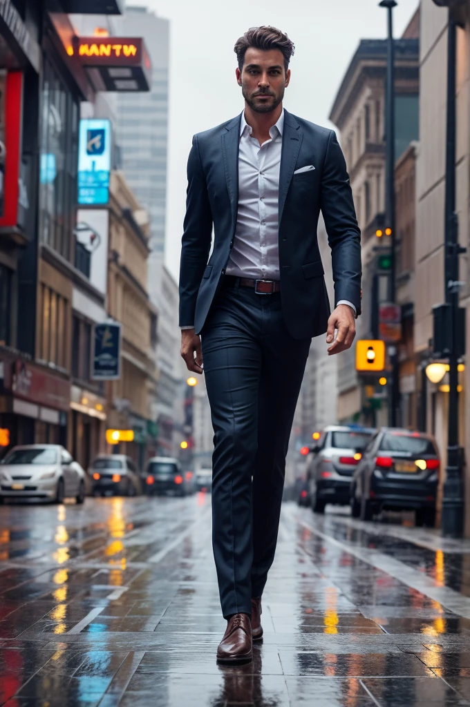 There was a man in a suit walking down the street, man walking through city, wearing a stylish men's suit, wearing tight suit, cinematic full body shot, wearing causal black suits, cinematic outfit photo, dragon - inspired suit, man in black suit, 8 k movie still, wearing a strict business suit, dressed in a suit, dressed in a suit