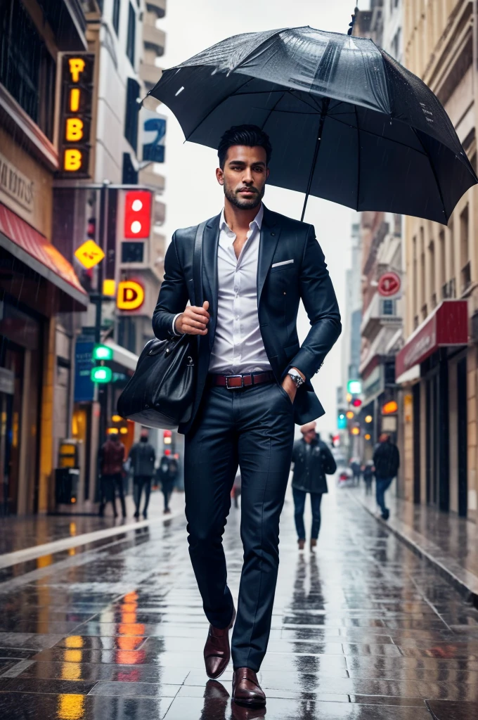 Handsome man walking on the city avenue, raining heavily 