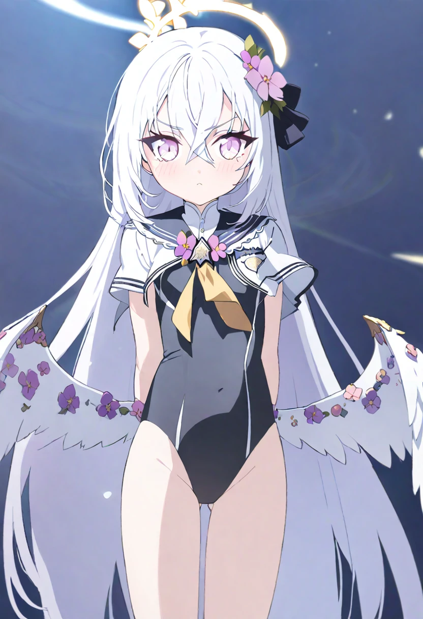 azusa \(blue archive\), 1girl arms_behind_back black_one-piece_swimsuit blush breasts closed_mouth covered_navel cowboy_shot feathered_wings flower hair_flower hair_ornament halo light_frown long_hair looking_at_viewer low_wings one-piece_swimsuit pink_eyes pink_flower purple_flower small_breasts solo standing swimsuit thighs trinity_general_school_swimsuit white_hair white_wings wings yellow_halo