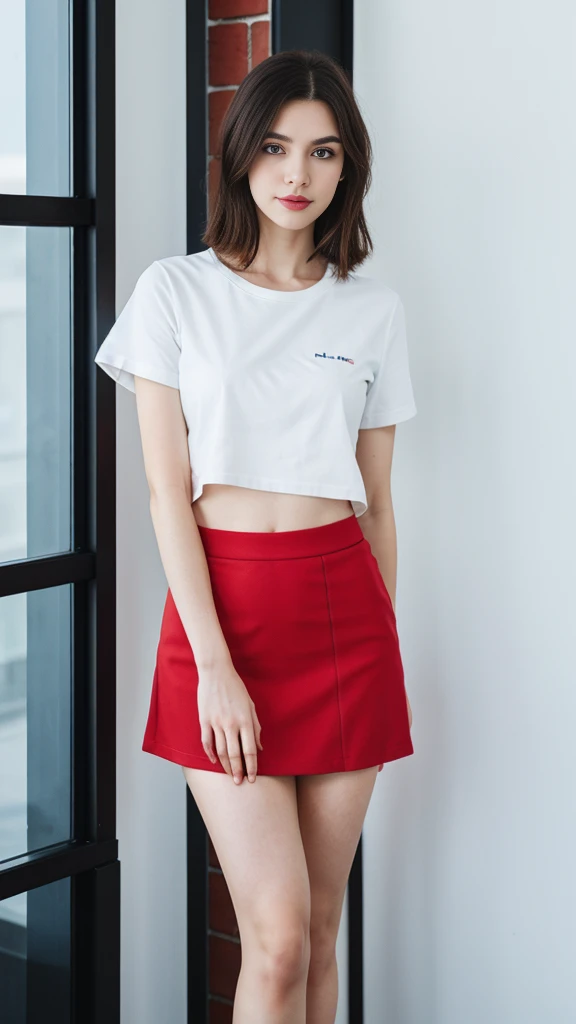 a Russian woman with beautiful Delicate eyes, Beautiful and delicate lips, Extremely detailed face and skin, Pale skin, 23 years old, Wearing a red T-shirt and a black hip skirt, high heels, medium long shot, standing in the office, long legs, full body portrait. Beautiful photography，Long eyelashes, Good anatomy , Practical skin texture, Delicate eyes, professional, 4K, Wide-angle lens, Optical Depth of Field, Kodak Vnision Color, Perfectly proportioned body, Extremely detailed, ultra-photoPractical, Practical, Post-Processing, Maximum details, Roughness, real life, ultra -Practical, Photorealism, photography, 8K Ultra HD, photography