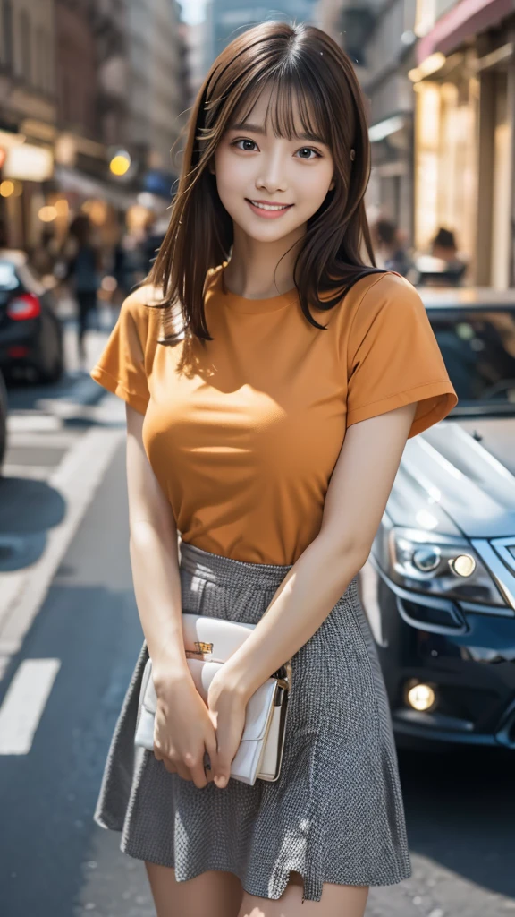 masterpiece, best quality:1.1), (8k, raw photo, photo realistic:1.2, f22), (shiny skin), detailed skin,long hair,detailed face, detailed eyes,smile,BREAK, real world, intricate details, smil, BREAK, 1girl, full body,(orange,short sleeves,dress)BREAK, (City of night,car:1.4)