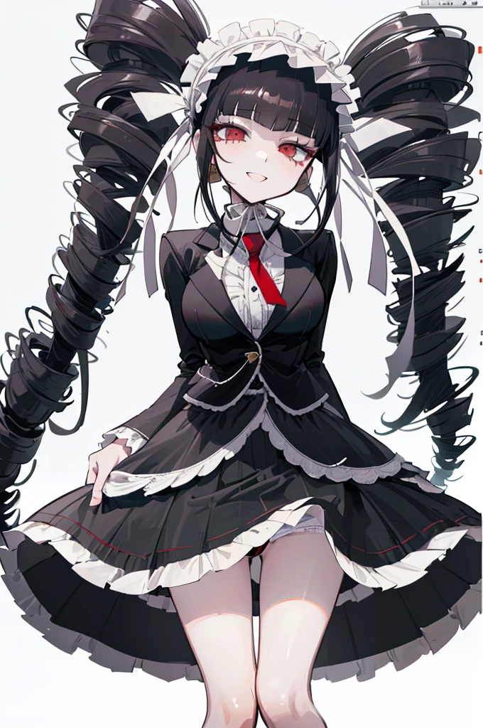 (masterpiece,High resolution,8K)) (Detailed body)(Perfectly drawn anatomy)Danganronpa,Celestia Ludenberg,Black Hair,Twin Drill,************,(Detailed black panties)from the front,Inappropriate laughter