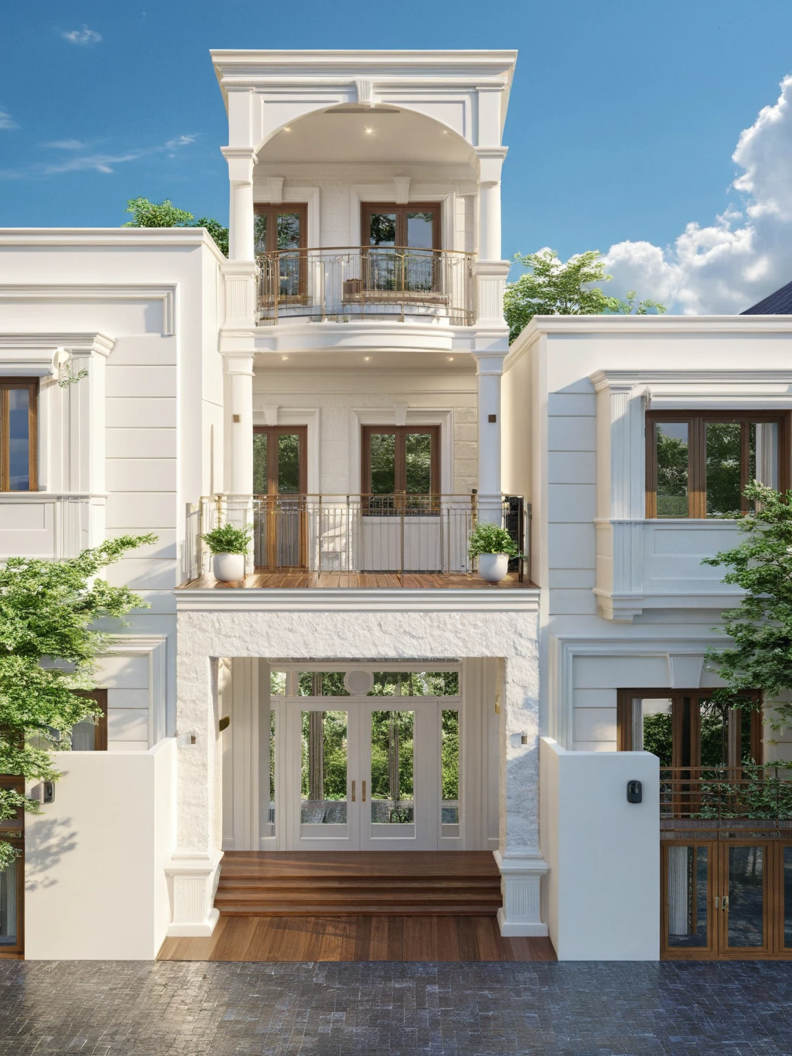 Architectural style Architectural style, ((Classic Style House)),(masterpiece) , ((best quality)), dramatic lighting, high quality outdoors, sky, day, cloud, tree, blue sky, building, scenery, road, real world location, sunlight, enough detail, high resolution,super realistic, Photorealistic, highly detailed, balcony, door, car, truck, parking slot, paving, . Clean lines, architectural drawing, highly detailed , . Clean lines, geometric shapes, architectural drawing, highly detailed, (( round column : 1,3)), round pillar
