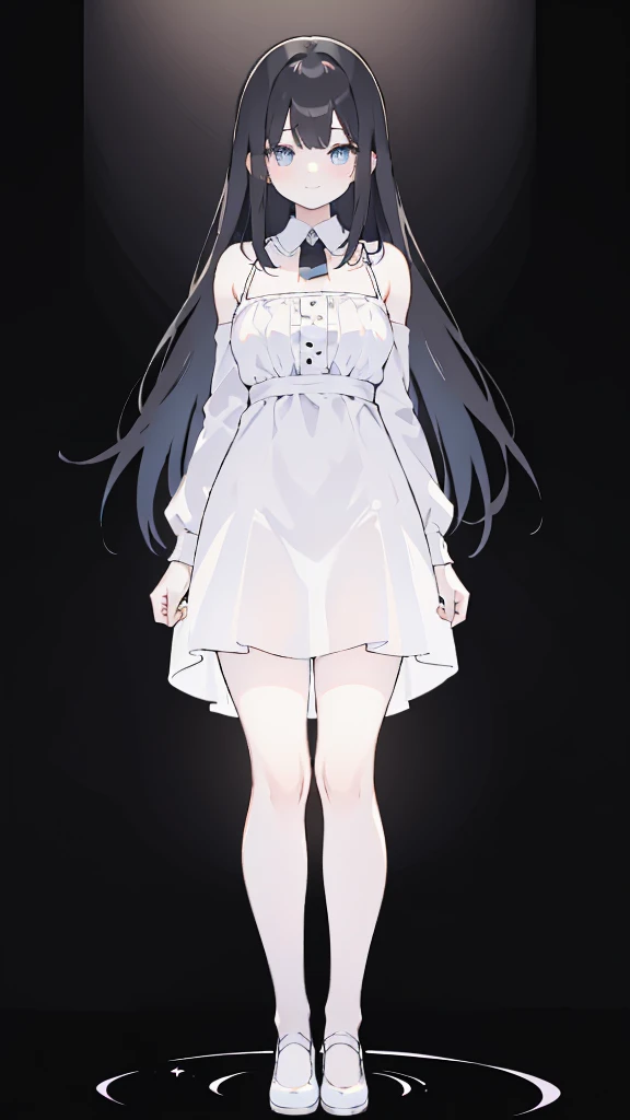 masterpiece, 8K, Detailed face, best quality, Must be created as described, (1 girl, alone, 20 years old, 158cm), (Black hair, long hair, Straight Hair, Bangs), (innocent, Big blue eyes like diamonds), (fair skin, thin waist, long legs), (Wearing a simple pure white dress, spaghetti straps, Thin style, Skirt length no longer than thigh), (black briefs, Low waist style), (Wearing white socks), (Show your thighs, Show your arms), (Has black leather collar), (The expression looks shy, but with a smile), (light black background, Full body portrait, Stand Up Straight, symmetry)