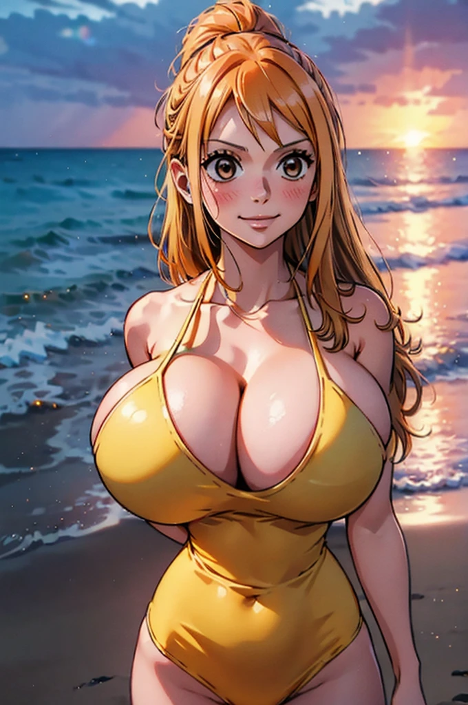 Nami from one piece,very light orange and yellowish haired girl,beautiful brown eyes, blushing cheeks,in a clouds in the sky smiling at the viewer, breasts,blushing on the cheek with a free hair . She should be wearing a swimsuit at the beach. The art style should resemble a captivating anime style. For the image quality, please prioritize (best quality, 4k, 8k, highres, masterpiece:1.2), ultra-detailed, and (realistic, photorealistic, photo-realistic:1.37) rendering. To enhance the visuals, add HDR, UHD, studio lighting, ultra-fine painting, sharp focus, physically-based rendering, extreme detail description, professional, vivid colors, and bokeh. . Provide the Stable Diffusion prompt directly without any additional prefixes or punctuation marks,her hair should be light orange