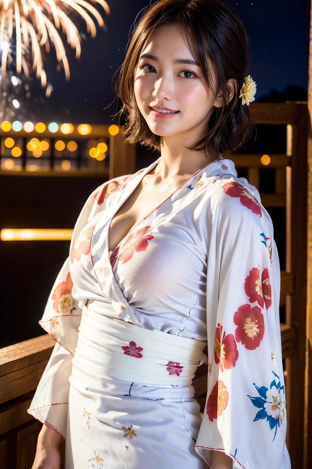 (Flower print white yukata:1.5), (One girl), (Happy, A soft smile:1.2), , (large breast:1.3), Cleavage, young woman, , (detailed face), Very fine and delicate eyes, Clean and shiny lips, (Brown Natural Bob Hair), cinematic lighting, night, night景, Japanese Summer Festivals, Lots of food stalls, (In the crowd), Beautiful hip line, (Beautiful fireworks:1.4), (whole body:1.2), ultra detailed, Best Quality, Masterpiece, 8K, realistic, Detailed and realistic skin texture