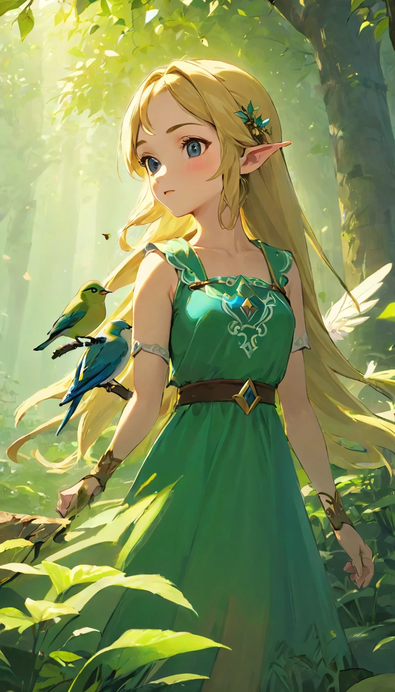 Highest quality、masterpiece、The Legend of Zelda、Princess Zelda、Female Adventurer, whole body, Game Art Style, (masterpiece),  Highest quality, High resolution, 4K, 8K, Detail View, Intricate details, Cinema Lighting, Great quality, 1 Girl, bird、Bird、Flipping herbs、Close your eyes and sing passionately、Elf Ears、Ash Blonde Hair, Great shade, Soft lighting, Facing camera, Perfect Eyes