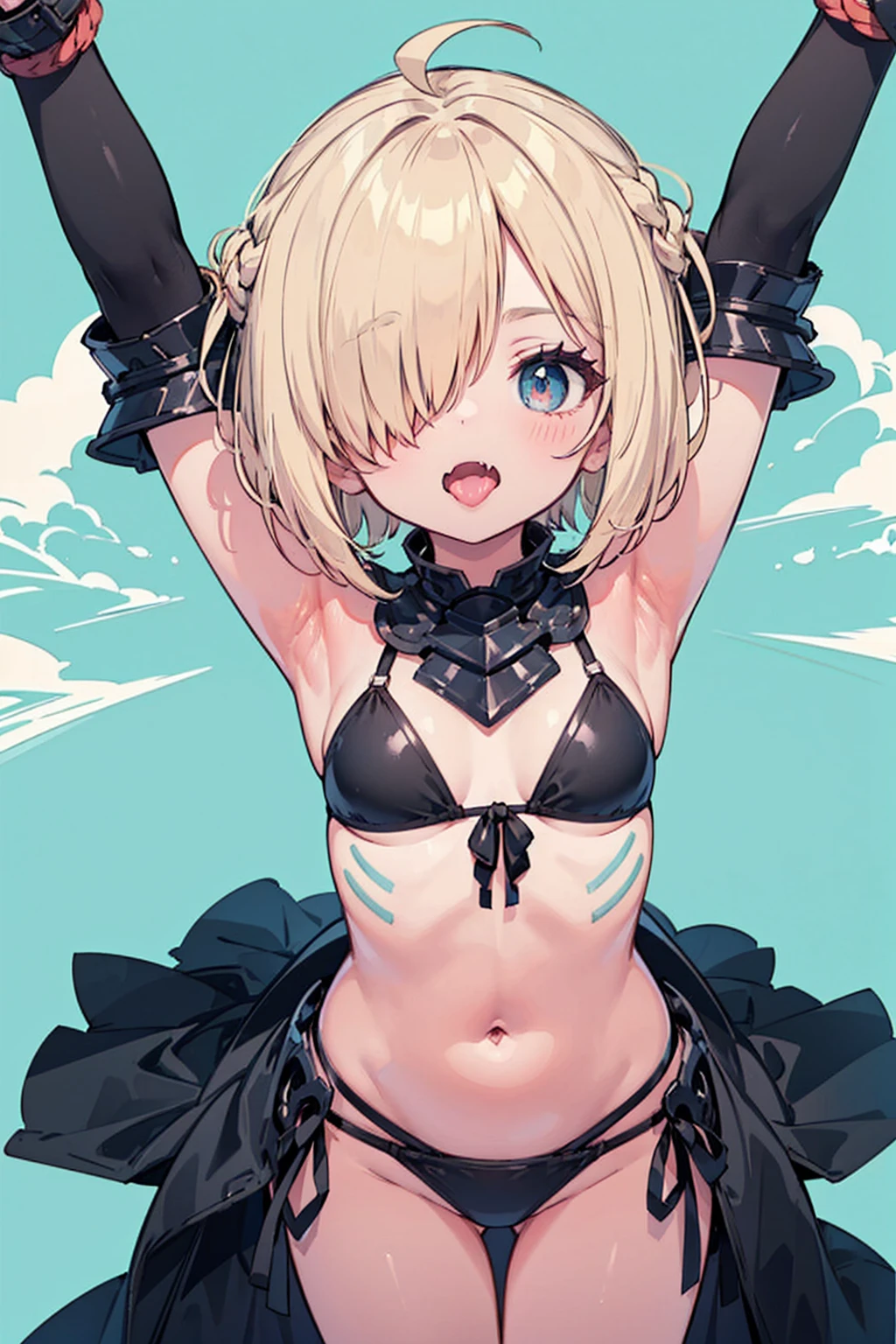 masterpiece, mountainous horizon, black robe, (((((black bikini armor)))))　, 1 girl,blonde　blue eye, ((((((hair over one eye,)))))), Braidスタイル, spike hair, dull bangs, bob hair, Braid, Ahoge, cute eyes　looking at the viewer　((from front)), close mouth, ((disdain)),  ((looking up:1.3))), (face close up:1.3), (((no pupils))), simple eyes, restrained, Are standing, (fang), ((simple eyes)), arms up behind,navel,grmin,cowboy_shot,pov,blush,armpits,ecstasy,fang,tongue