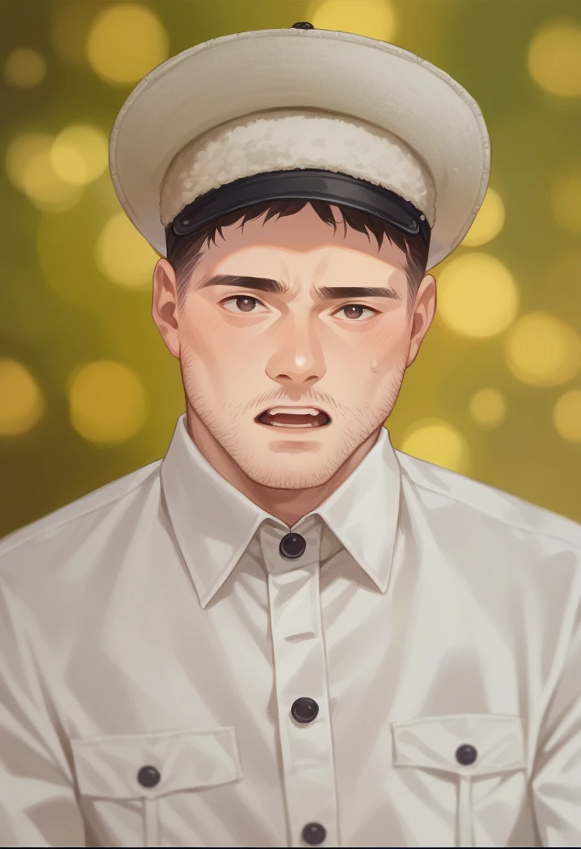 Highly realistic photo, Portrait of a 25 year old Vietnamese young boy, black hat strap, kepi hat, open mouth