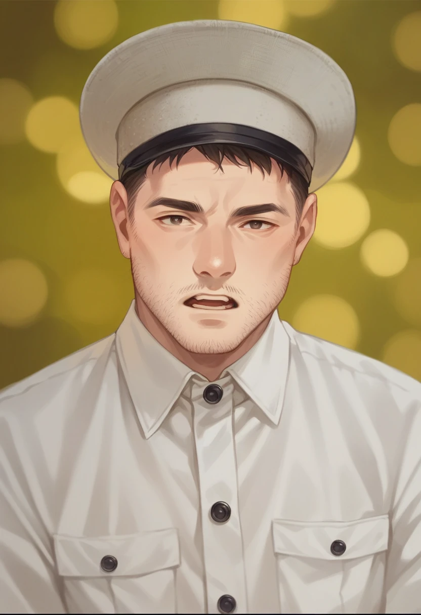Highly realistic photo, Portrait of a 25 year old Vietnamese young boy, black hat strap, kepi hat, open mouth