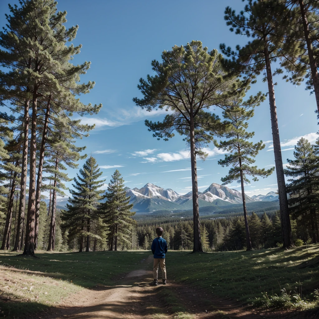 a forest with tall trees and a boy on one of the branches looking towards the mountains