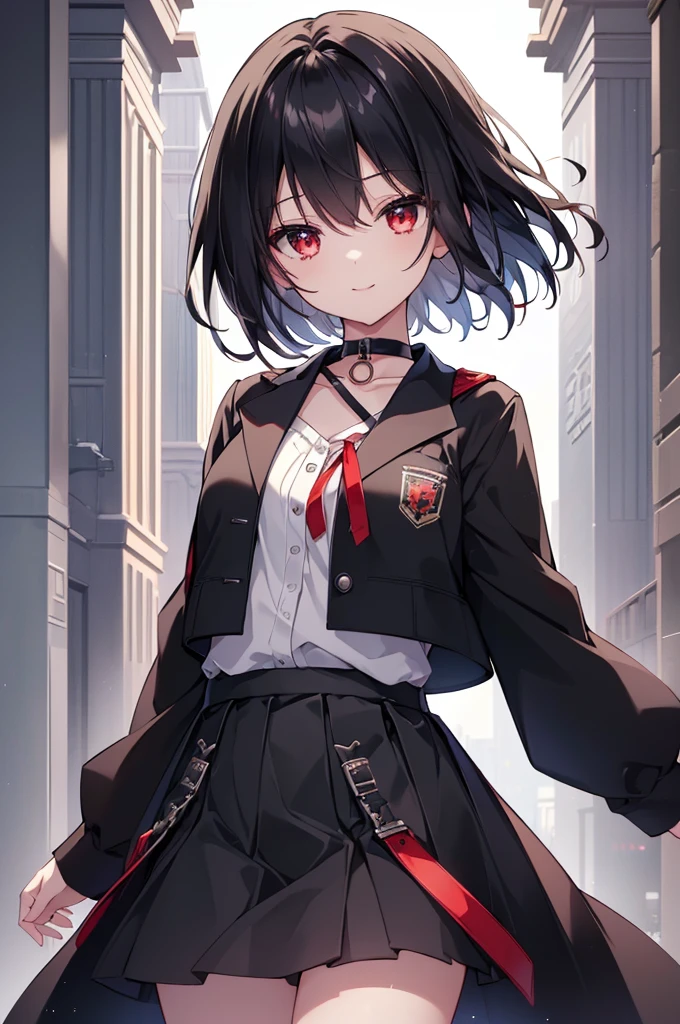 (masterpiece, highest quality, highest quality, (No text), Beautiful and aesthetic:1.2),No text,アニメ、BREAK,One Girl,Black Hair Girl short hair older sister choker Tree Eyes Beautiful eyes Red eyes cool smile Red and Black Black jacket mini skirt whole body In town