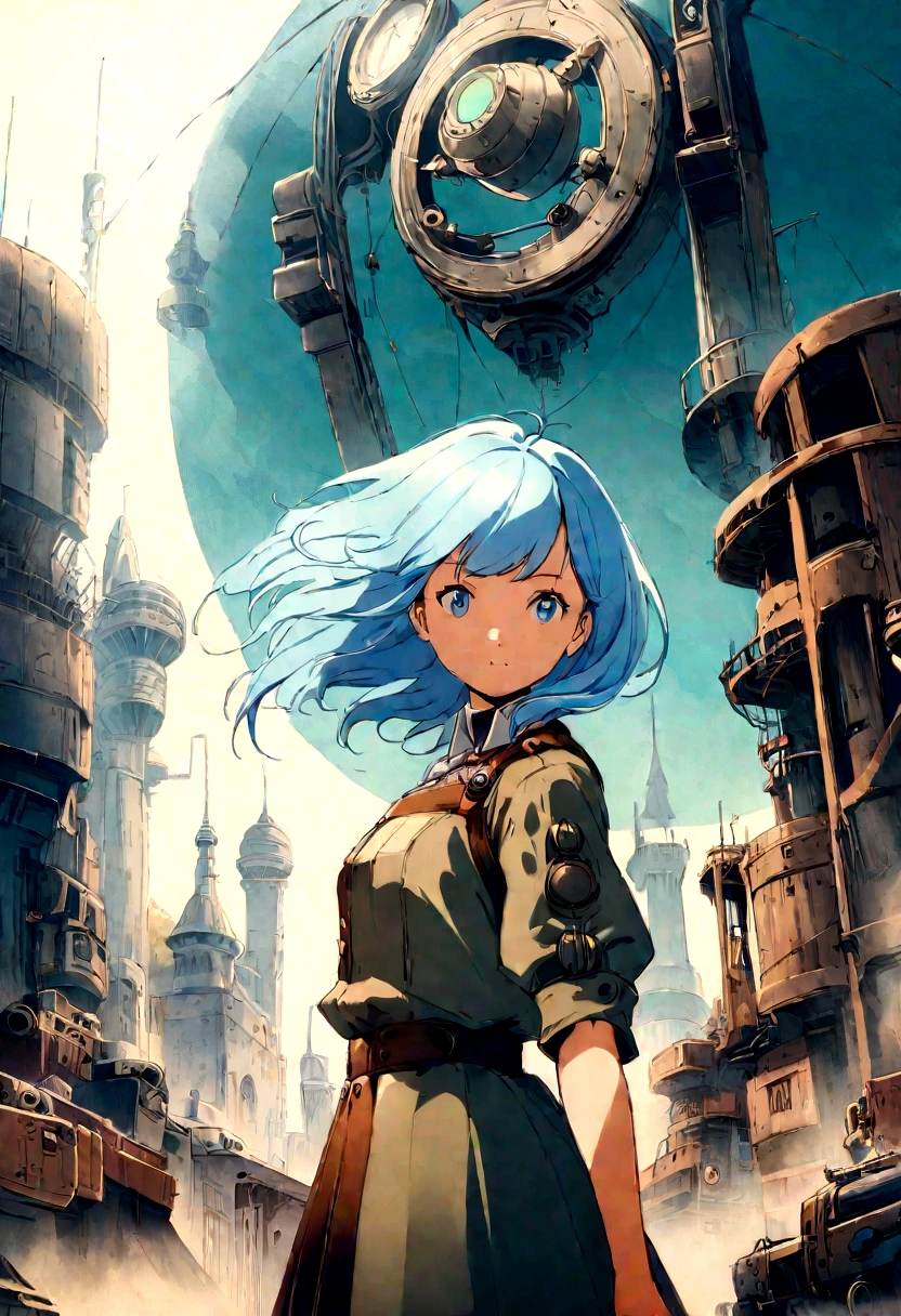 beautiful girl　Integration with machines　Retro-future　Oblique side view　From the waist up　Showa　Antique Machine　Dieselpunk　60s wind　Expo　Anime Art　Mode　Light blue hair　Future