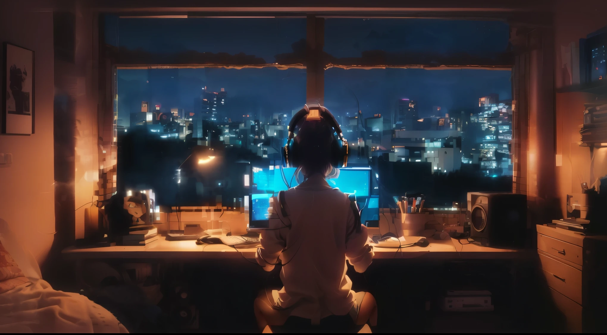 "Anime girl sitting in front of computer in cozy bedroom (seen from behind), Alfa Romeo on computer monitor, girl listening to music with headphones in cozy room at night, girl enjoying beautiful countryside night view from window, surrounded by many Girl surrounded by many things, Alfa Romeo Giulia poster on wall, 2D animation style, 90s animation aesthetic, lo-fi, high detail, with hard disk, mix of animation style and Fujifilm, hyperrealistic, 8K, masterpiece."
