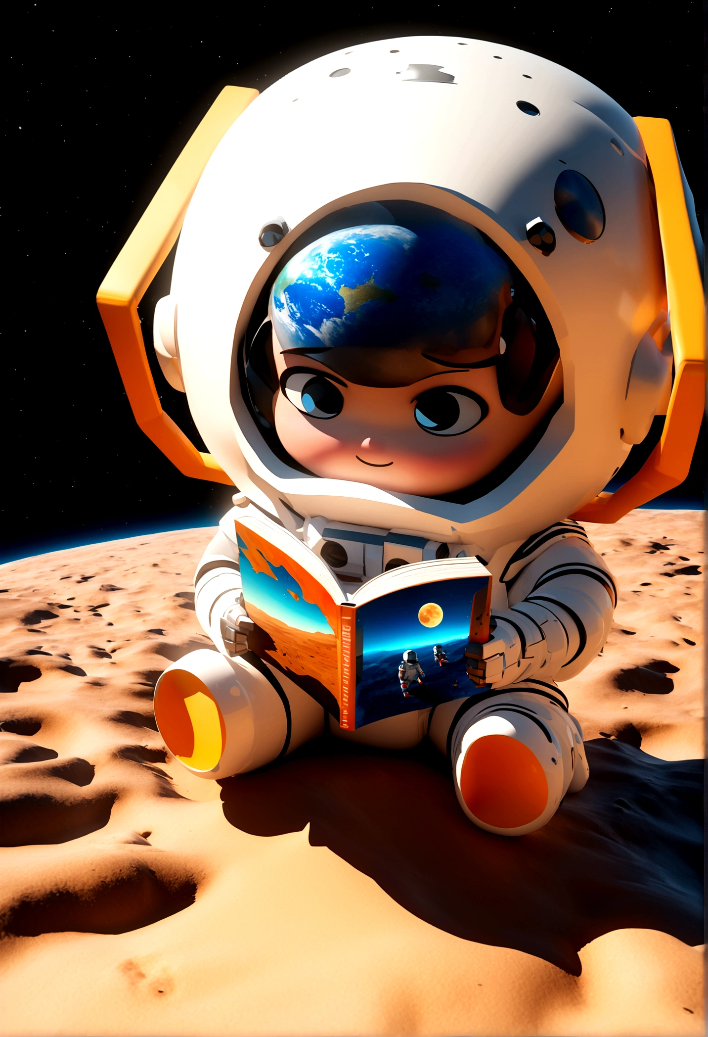 Chibi model mini astronaut, Wearing a spacesuit, Reading a book in space,Photorealistic surrealist style, Abstract color sculptor, Poured, Fluid and loose, Sci-fi influenced, Carved cartoon icon art, 3D Pixar style painting, planet in space, isolated, Explore the moon with many planets and stars in the background, Cinematic Light, Photorealistic Scenes, Anime Art, amazing,  RTX On, DAZZ 3D, Digital Art Techniques, Animated Illustration