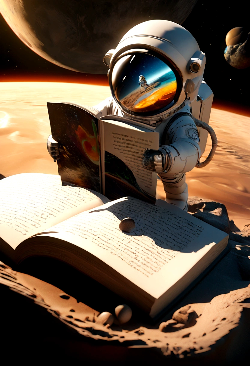 Chibi model mini astronaut, Wearing a spacesuit, Reading a book in space,Photorealistic surrealist style, Abstract color sculptor, Poured, Fluid and loose, Sci-fi influenced, Carved cartoon icon art, 3D Pixar style painting, planet in space, isolated, Explore the moon with many planets and stars in the background, Cinematic Light, Photorealistic Scenes, Anime Art, amazing, RTX On, DAZZ 3D, Digital Art Techniques, Animated Illustration