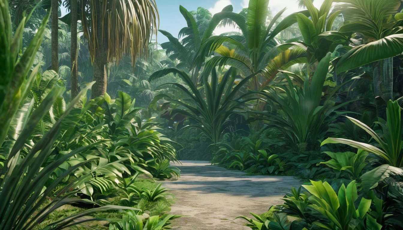 Ultra-realistic scenes, Parallel world, Tropical plants'God-like otherworldly, worship, Tropical flowers, Unusual art, Art Unique, Blue sky background'summer, sunlight, bright sunlight, mixer, Product Rendering, High quality 8K, Different Entities, alien, Sand Dunes