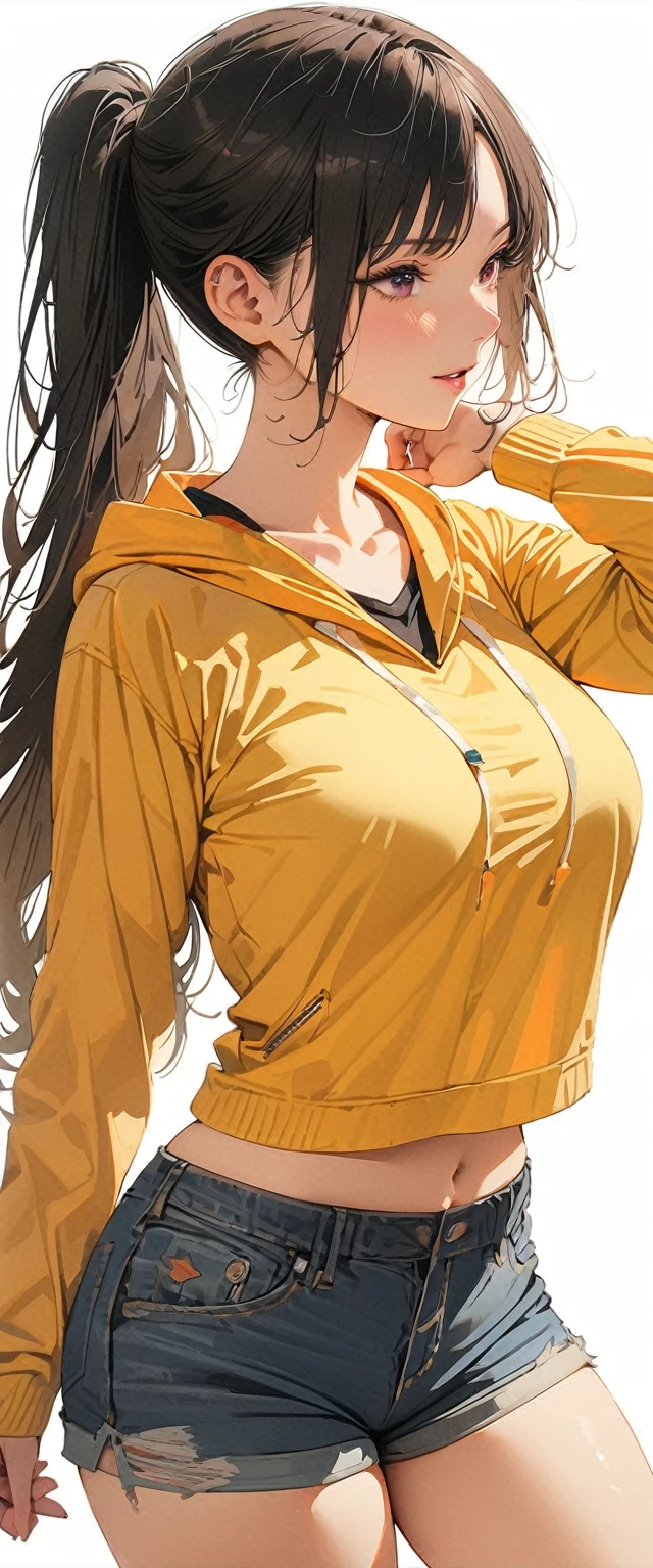 20 years old,1 mature woman,hyperrealistic, 8k, (extremely detailed 8k), (very delicate and beautiful), (masterpiece), (better quality:1.0), (ultra high resolution:1.0), (masterpiece, best quality),cute,black hair,ponytail,cowboy shot,white background,realistic skin,Denim Shorts,seductive pose,big breasts,excited,Parka