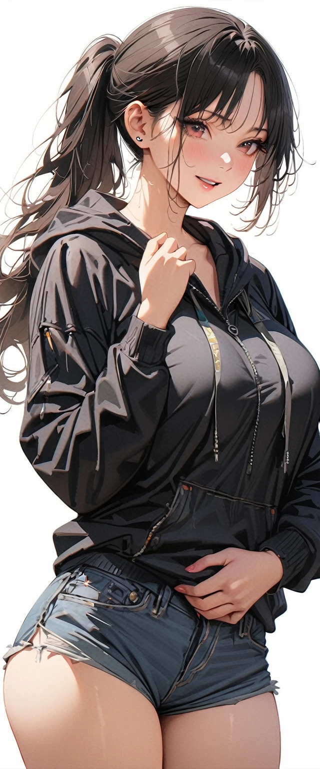 20 years old,1 mature woman,hyperrealistic, 8k, (extremely detailed 8k), (very delicate and beautiful), (masterpiece), (better quality:1.0), (ultra high resolution:1.0), (masterpiece, best quality),cute,black hair,ponytail,cowboy shot,white background,realistic skin,Denim Shorts,seductive pose,big breasts,excited,Parka