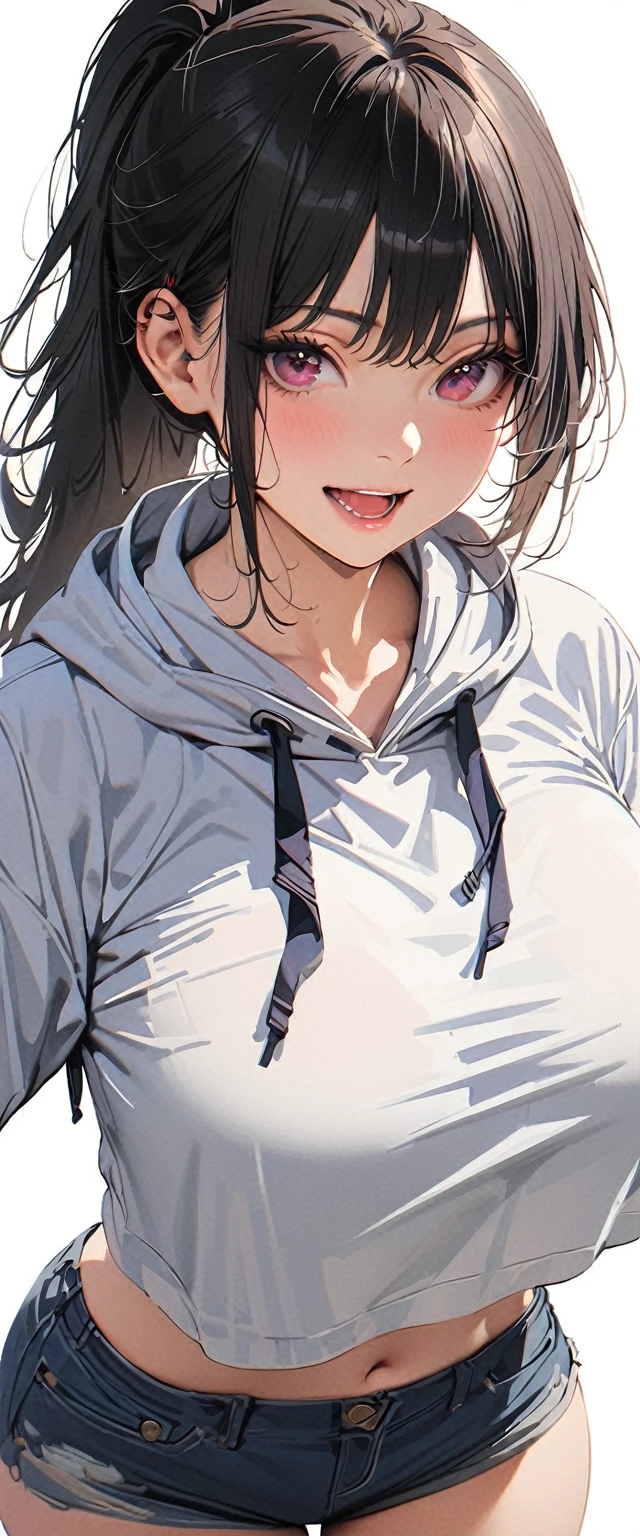 20 years old,1 mature woman,hyperrealistic, 8k, (extremely detailed 8k), (very delicate and beautiful), (masterpiece), (better quality:1.0), (ultra high resolution:1.0), (masterpiece, best quality),cute,black hair,ponytail,cowboy shot,white background,realistic skin,Denim Shorts,seductive pose,big breasts,excited,Parka