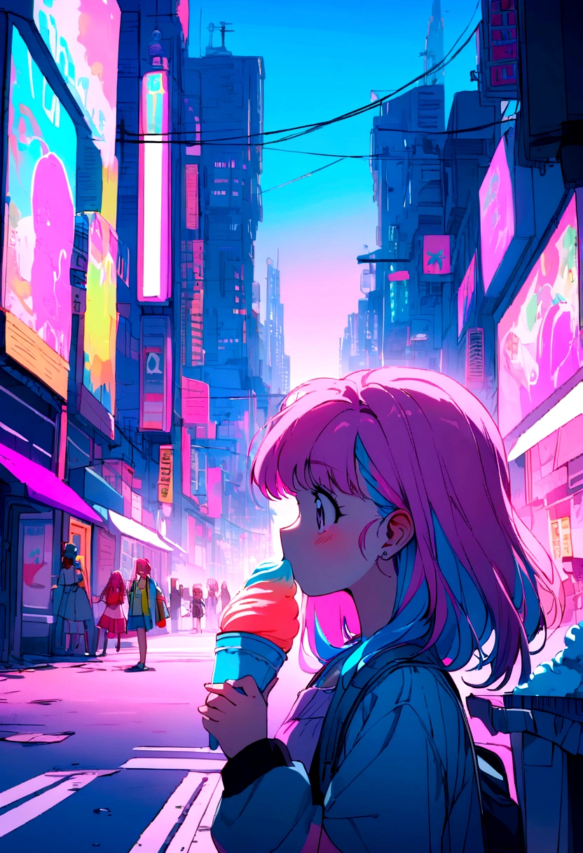 Pink and blue hair girl, soda, Inspired by 90s anime, Cyberpunk City, praise, colorful, , Pink Hair, Blue hair Eating sad ice cream　summer