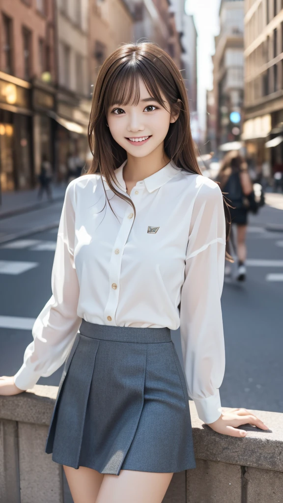 (masterpiece, Highest quality:1.1), (8K, RAW Photos, Photo Real:1.2, f22), (Shiny skin), Detailed skin,Long Hair,Detailed face, Fine grain, smilee,break, Real World, Intricate details, smile, break, One girl, (skirt), break, (city:1.4), break、Beautiful legs